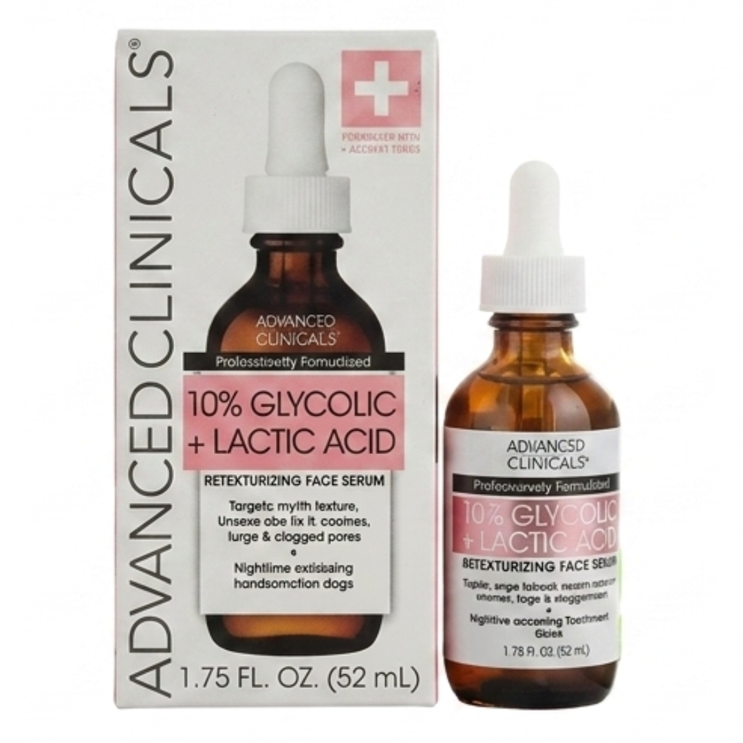 Advanced Clinicals 10% Glycolic + Lactic Acid Retexturizing Face Serum – Nighttime AHA/BHA Exfoliating Treatment | 30ml | Cosmetic Najm salalah