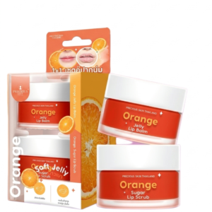 Precious Skin Thailand Orange Lip Care Set – Jelly Lip Balm 10g + Sugar Lip Scrub 15g | Color-Changing | Exfoliate & Hydrate | Cosmetic Najm salalah
