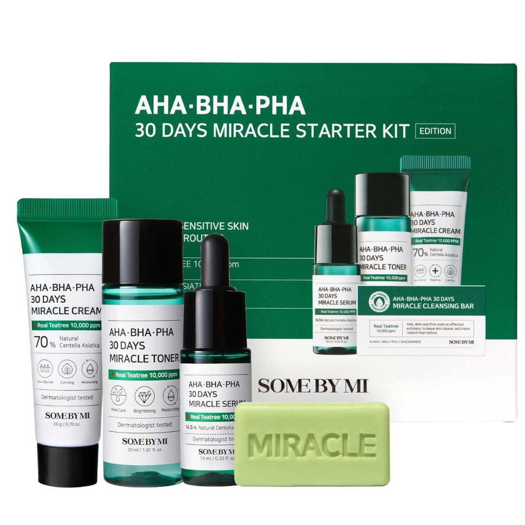 مجموعة Some By Mi Miracle Starter Kit لمدة 30 يومًا - روتين من 4 خطوات AHA BHA PHA للبشرة المعرضة لحب الشباب | شجرة الشاي + السنتيلا | حجم مناسب للسفر | كوزمتك نجم صلاله
