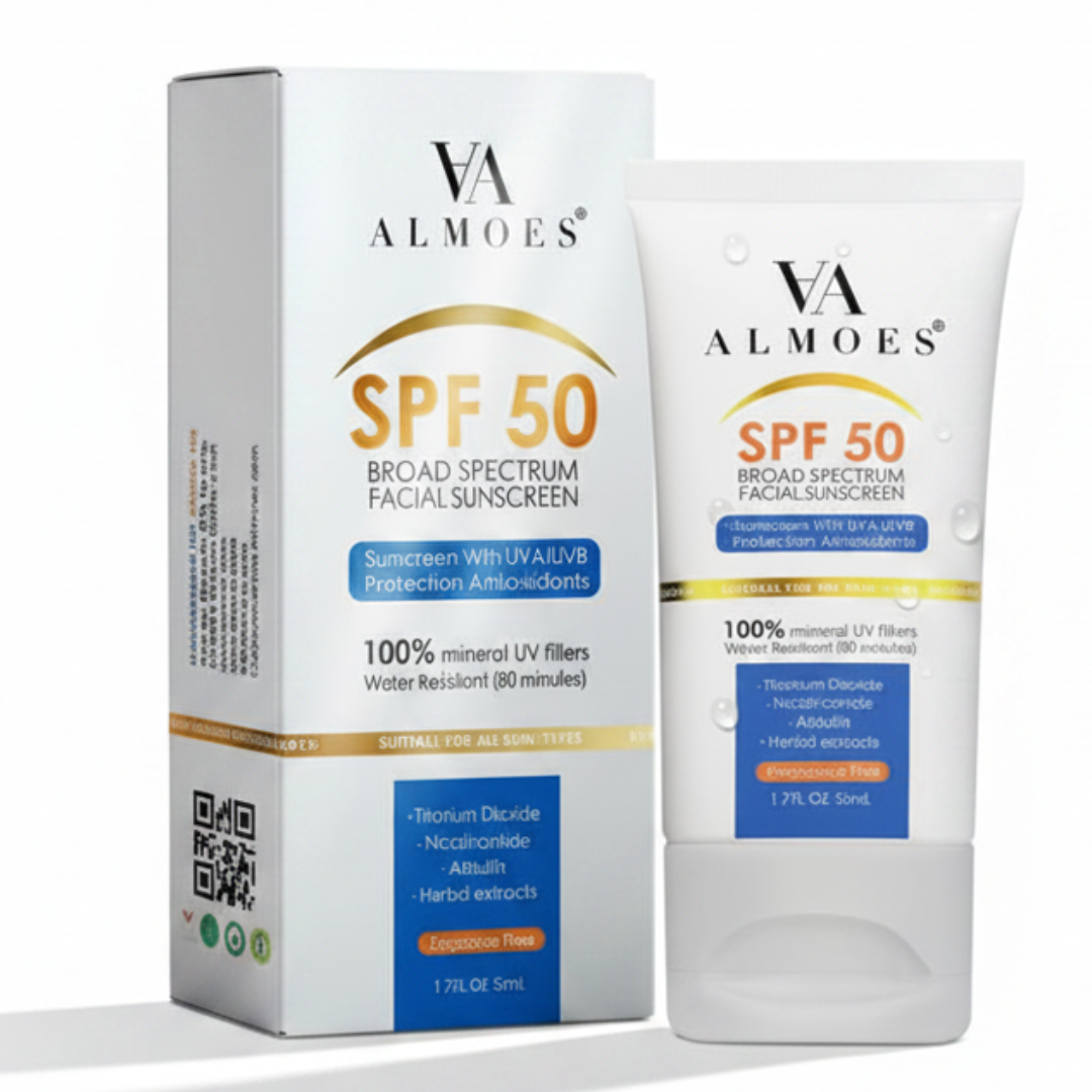 ALMOES SPF 50 Mineral Facial Sunscreen – Broad Spectrum UVA/UVB Protection with Niacinamide & Arbutin | 100% Mineral | Cosmetic Najm salalah