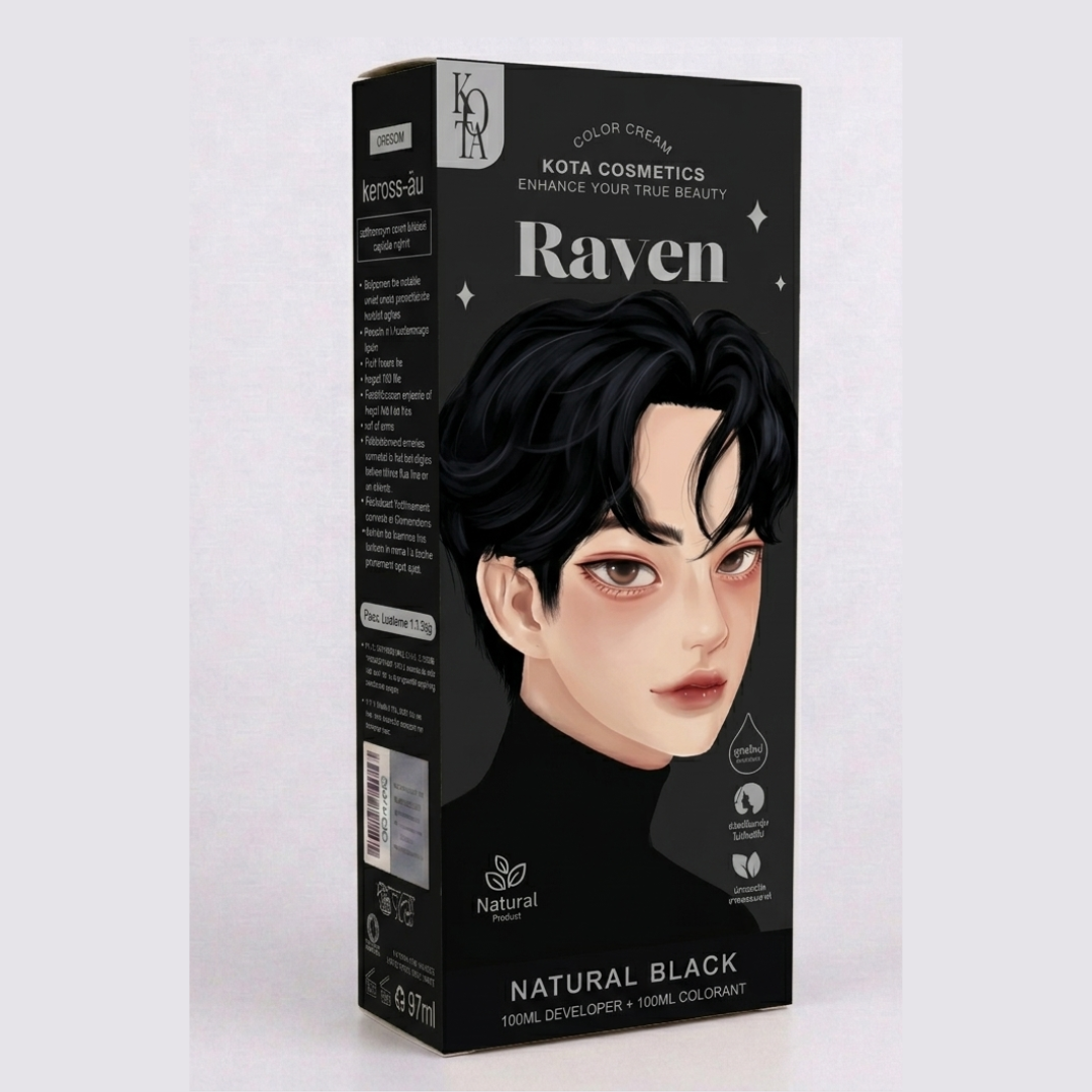 Kota Cosmetics Raven Natural Black Hair Color Cream – Ammonia-Free with Ginseng & Coconut Oil | 100ml + 100ml | Thai Brand | Cosmetic Najm salalah