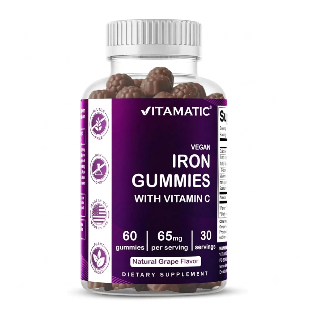 Vitamatic Vegan Iron Gummies with Vitamin C – 65mg Iron (Ferrous Fumarate) | Natural Grape Flavor | 60 Gummies (30 Servings) | Cosmetic Najm salalah