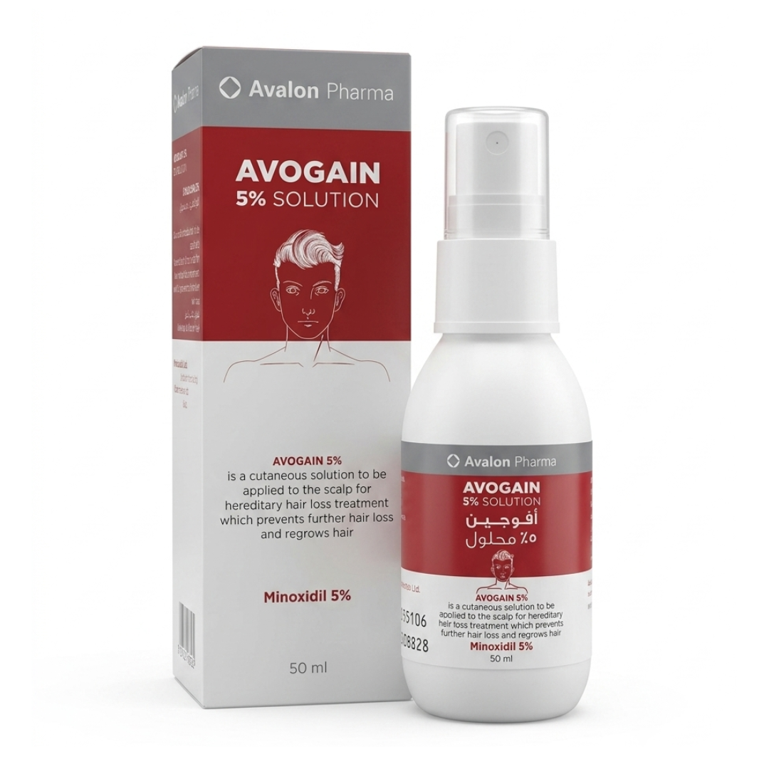 Avogain 5% Solution – Minoxidil Topical for Hereditary Hair Loss | Stimulates Hair Follicles | 50ml | Cosmetic Najm salalah