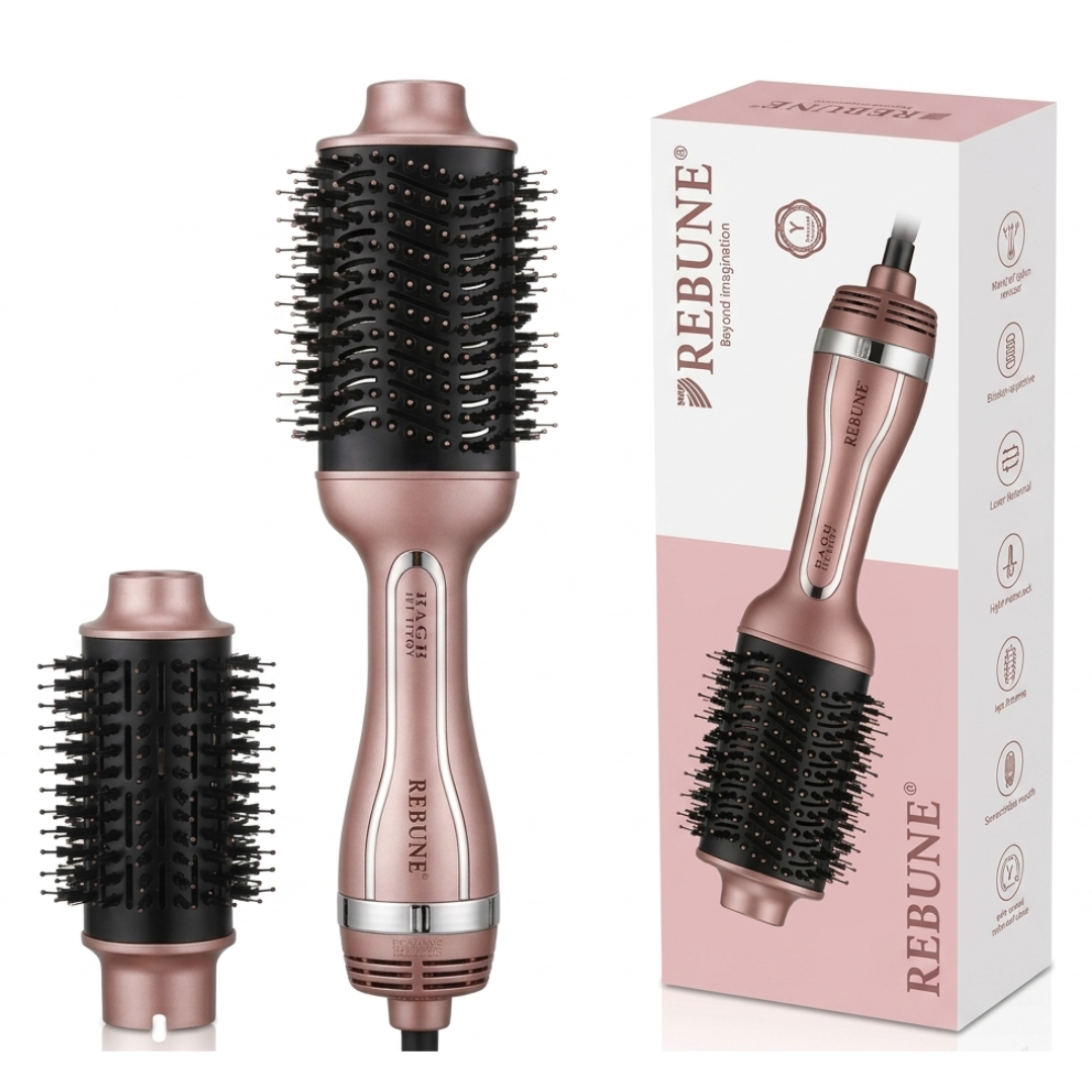 Rebune 1200W Professional Hot Brush RE-2512 – 3-in-1 Dry, Straighten & Volumize | Negative Ionic, 3 Heat Settings | Cosmetic Najm salalah