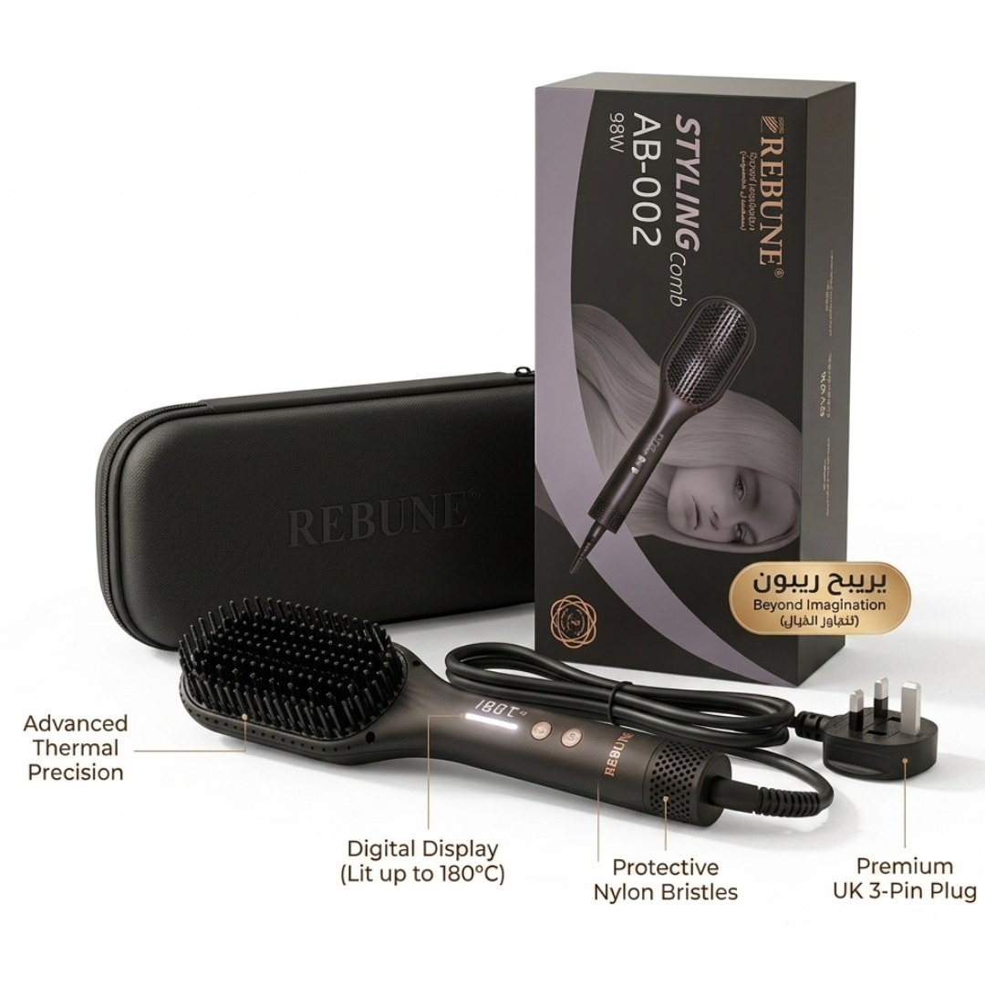 Rebun Styling Comb AB-002 – 98W Straightening & Styling | 3 Heat Settings (160°C, 180°C, 200°C) with Case | Cosmetic Najm salalah