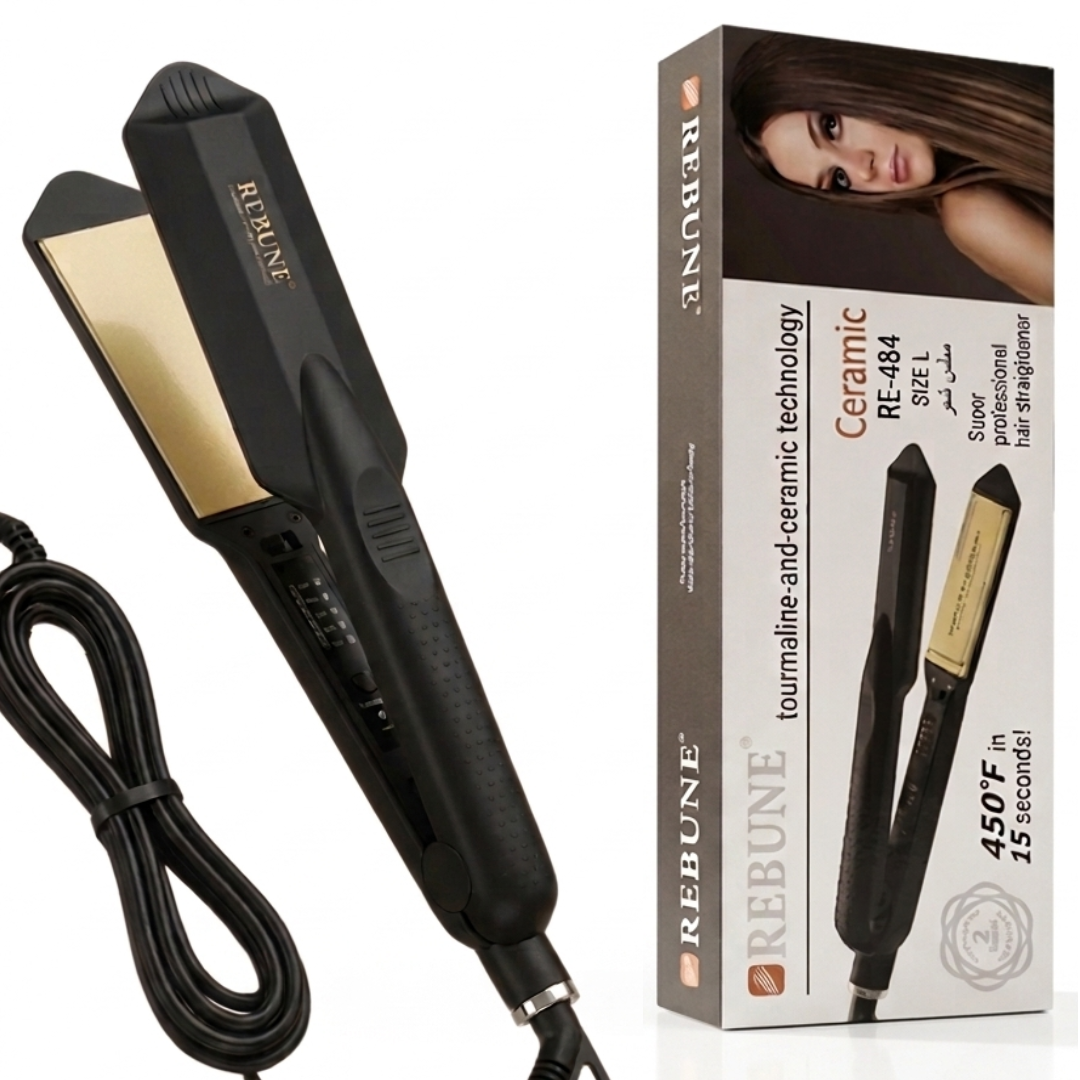 Rebune RE-484 Hair Straightener – Tourmaline & Ceramic Plates | Heats to 450°F in 15 Seconds | 50W, 360° Cord | Cosmetic Najm salalah