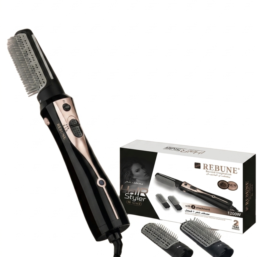 Rebune Hair Styler RE-2078-2 – 1200W Hot Air Brush with Ionic Technology | 2 Attachments, 360° Cord | Cosmetic Najm salalah