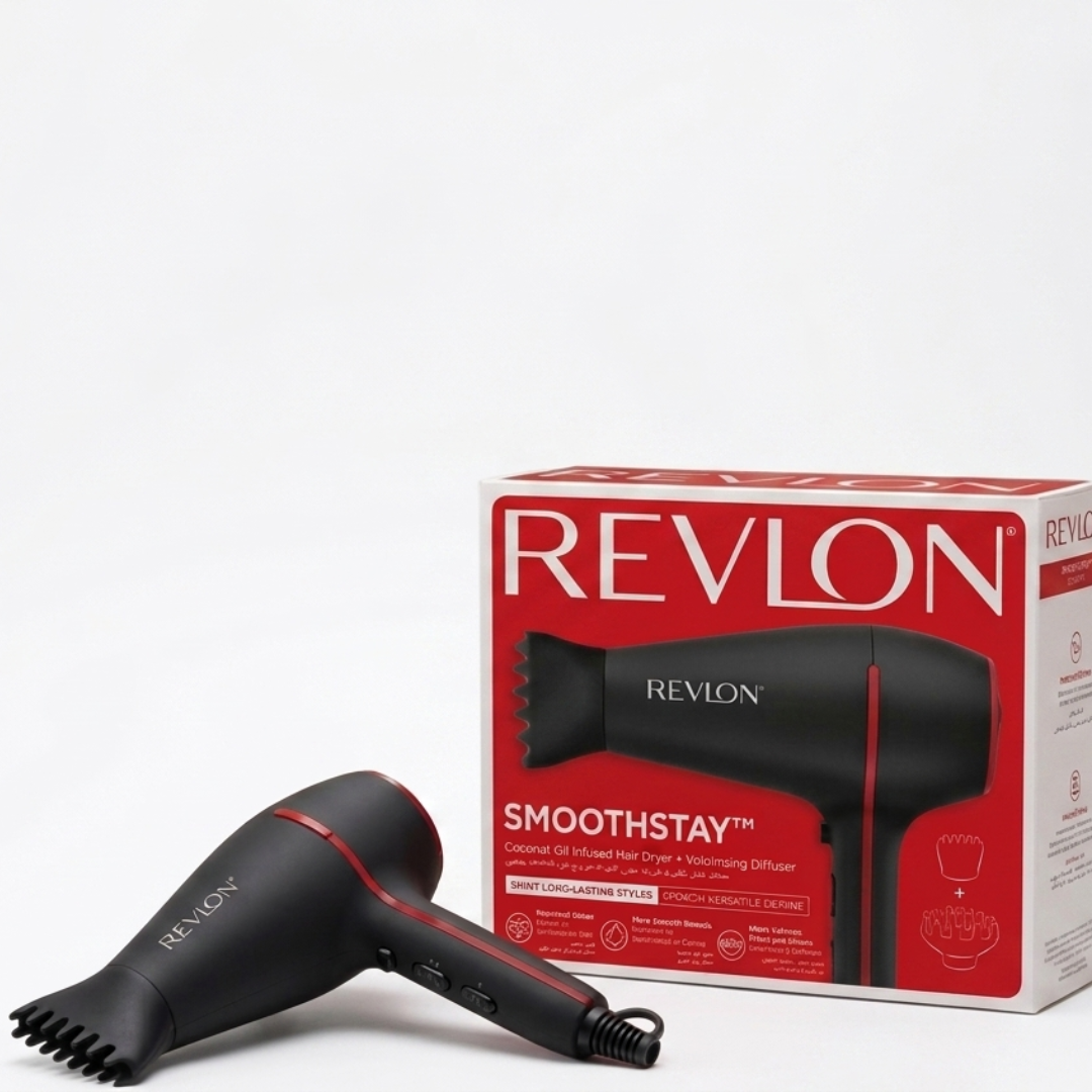 Revlon Smoothstay Coconut Oil-Infused Hair Dryer – 2000W, Ceramic Tourmaline Ionic, Diffuser & Concentrator, Cool Shot | Cosmetic Najm salalah
