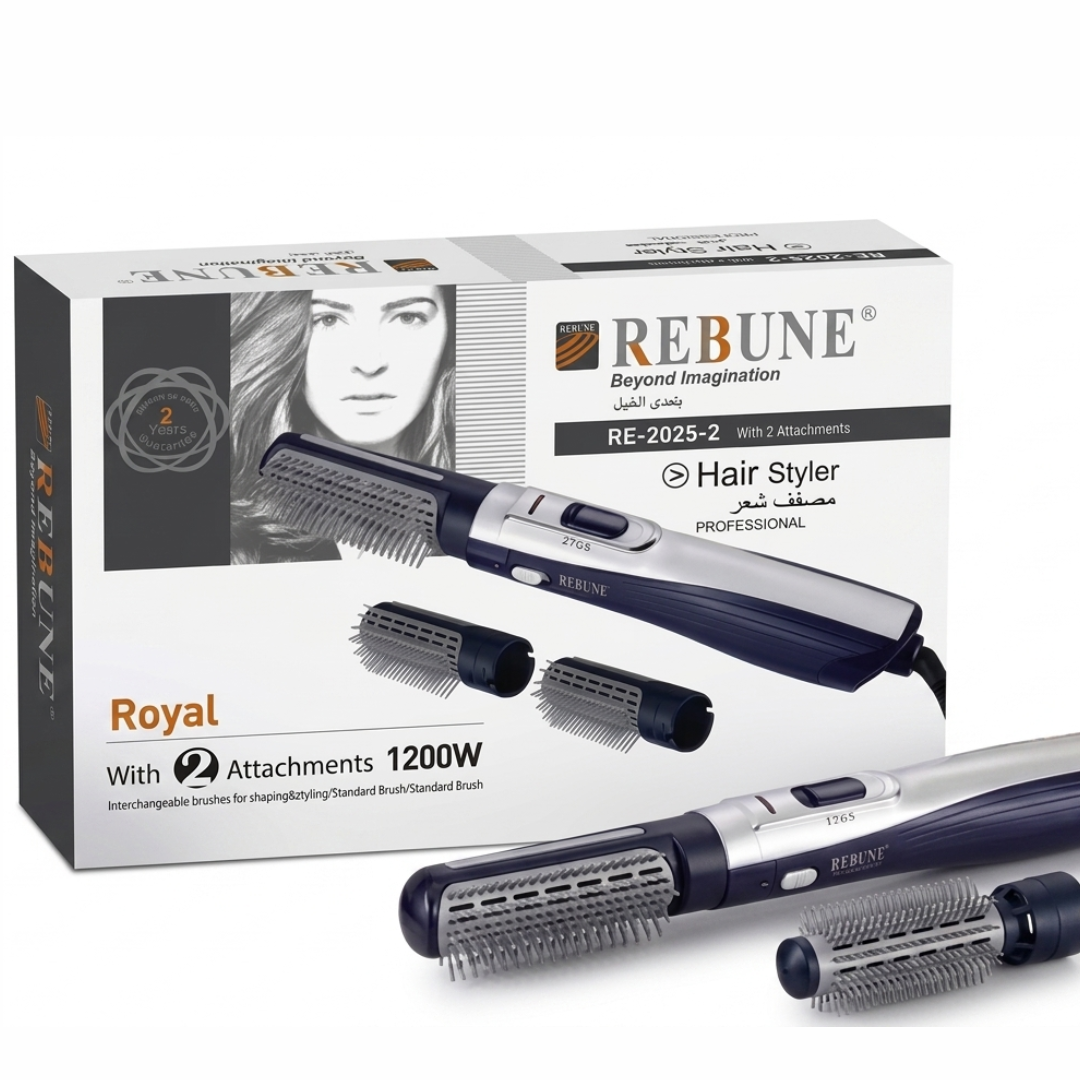 Rebune Professional Hair Styler RE-2025-2 – 1200W with 2 Interchangeable Attachments | Shape & Style, Beyond Imagination | Cosmetic Najm salalah