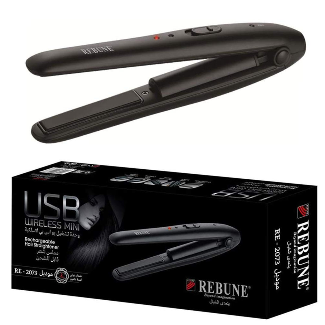 REBUNE RE-2073 Wireless Mini Rechargeable Hair Straightener – Titanium Plates, Portable, USB Charging, 35 Min Runtime | Cosmetic Najm salalah